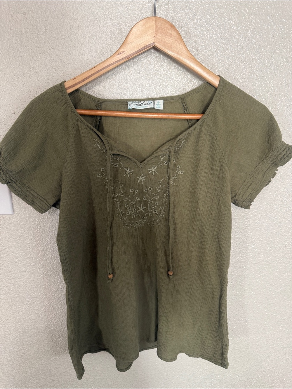 Great Northwest Clothing Company Olive Embroidered Tie-Front Tunic